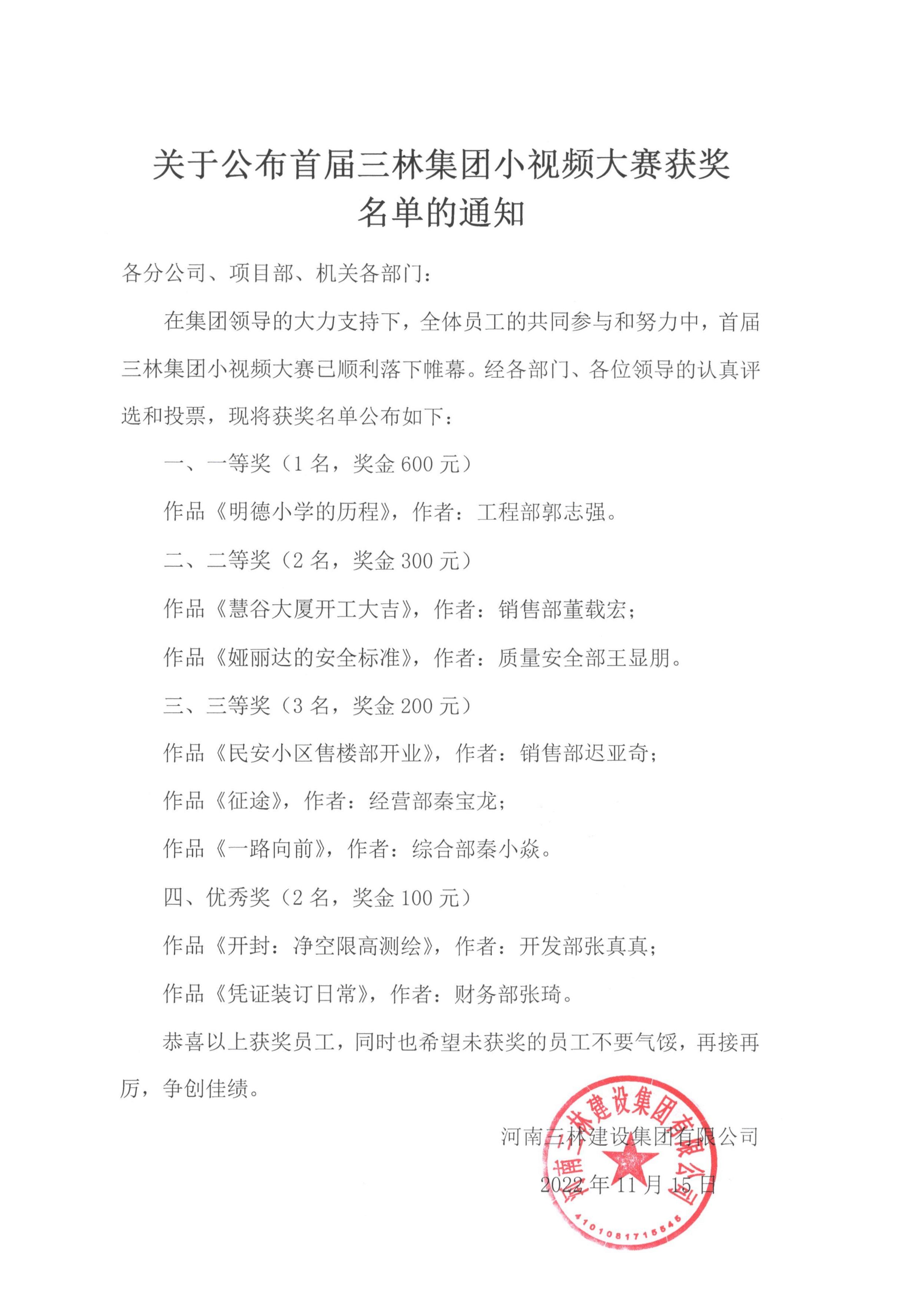 關(guān)于公布首屆三林集團小視頻大賽獲獎名單的通知(圖1)